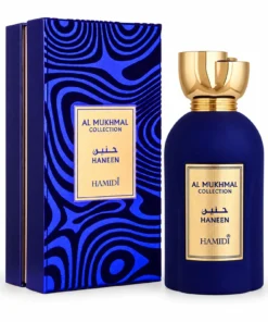 Hamidi Al Mukhmal Haneen 100 ml, flacon albastru cu capac auriu și cutia originală