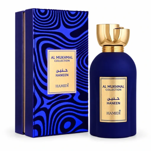 Hamidi Al Mukhmal Haneen 100 ml, flacon albastru cu capac auriu și cutia originală
