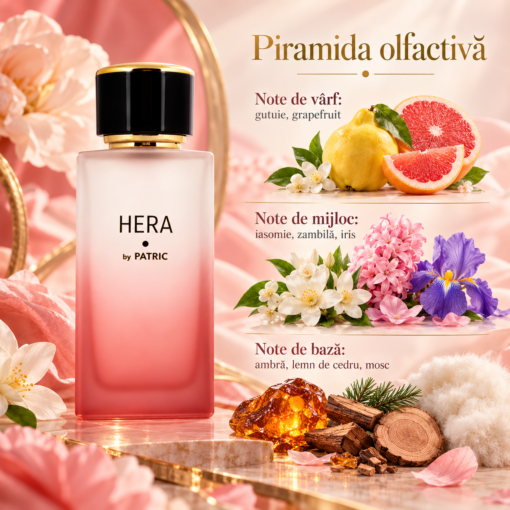 Piramida olfactivă Hera by PATRIC 100 ml, cu gutuie, grapefruit, iasomie, zambilă, iris, ambră, lemn de cedru și mosc.