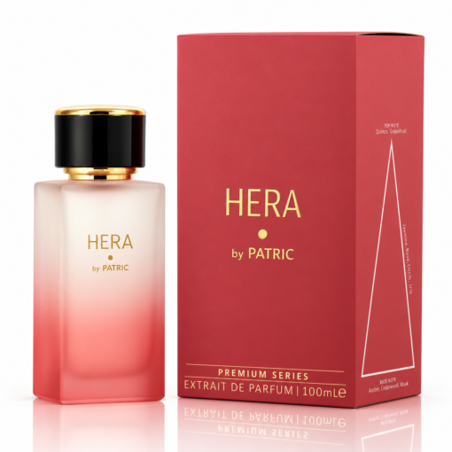 Hera by PATRIC Extrait de Parfum 100 ml, flacon satinat roz cu capac negru și cutie coral cu inscripții aurii Premium Series.