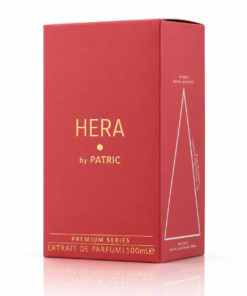 Cutie parfum Hera by PATRIC Extrait de Parfum 100 ml, ambalaj roz-coral cu logo auriu Premium Series și piramidă olfactivă laterală.