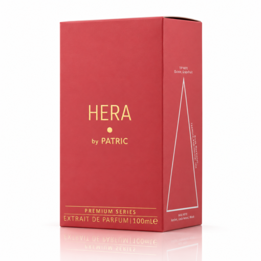 Cutie parfum Hera by PATRIC Extrait de Parfum 100 ml, ambalaj roz-coral cu logo auriu Premium Series și piramidă olfactivă laterală.