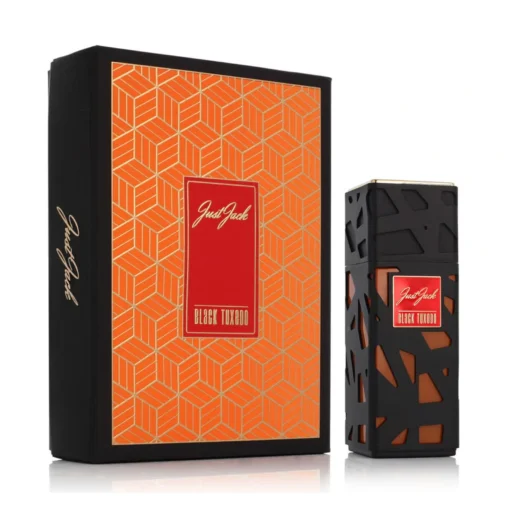 Just Jack Black Tuxedo 100 ml, flacon negru și portocaliu alături de cutia originală