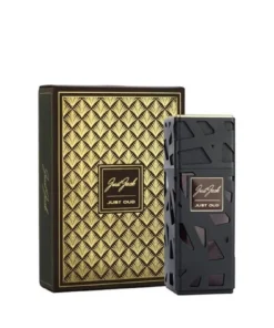 Just Jack Just Oud 100 ml, flacon negru lângă ambalajul original cu model auriu