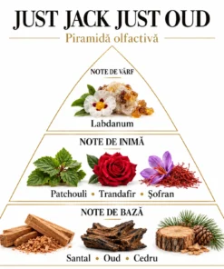 Piramida Just Jack Just Oud: labdanum; patchouli, trandafir și șofran; santal, oud și cedru