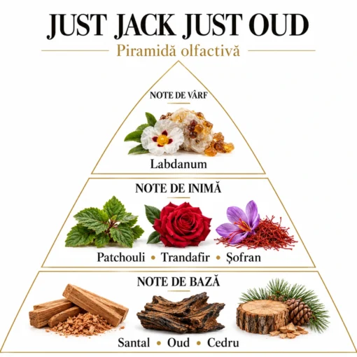 Piramida Just Jack Just Oud: labdanum; patchouli, trandafir și șofran; santal, oud și cedru