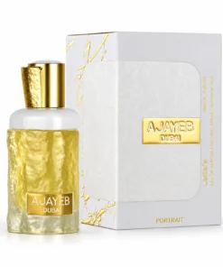 Lattafa Ajayeb Dubai Portrait 100 ml, flacon alb și auriu alături de cutie