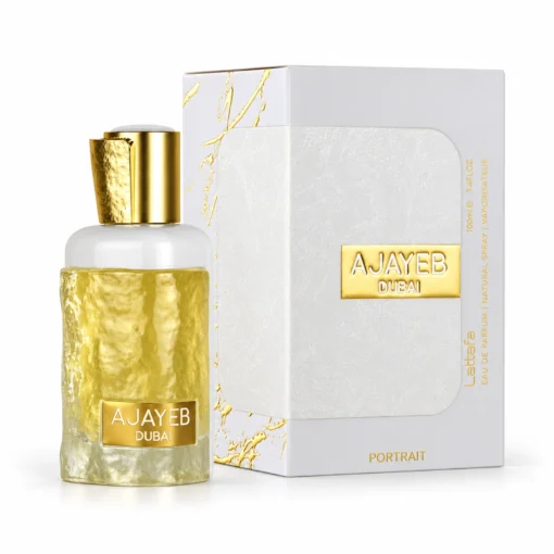Lattafa Ajayeb Dubai Portrait 100 ml, flacon alb și auriu alături de cutie