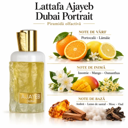 Lattafa Ajayeb Dubai Portrait 100 ml și piramida olfactivă cu citrice, mango, flori și note lemnoase