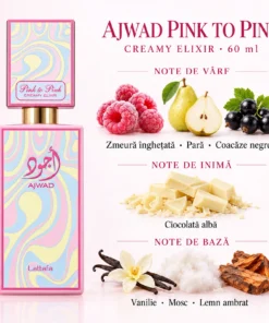 Flacon Lattafa Ajwad Pink to Pink Creamy Elixir 60 ml și piramida olfactivă cu fructe, ciocolată albă și vanilie