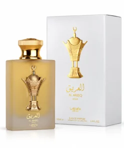 Lattafa Al Areeq Gold 100 ml, flacon cu emblemă aurie și cutie albă
