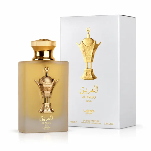 Lattafa Al Areeq Gold 100 ml, flacon cu emblemă aurie și cutie albă