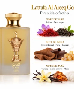 Lattafa Al Areeq Gold 100 ml și piramida olfactivă cu șofran, ceai negru, piele, tămâie, vanilie și mosc