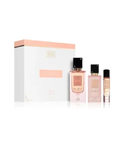 Set cadou Lattafa Ana Abiyedh Coral: parfum 60 ml, mini parfum 12 ml și Hair Mist 50 ml, cu ambalajul original