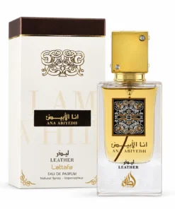 Lattafa Ana Abiyedh Leather 60 ml, flacon cu capac auriu și cutie crem cu detalii maro