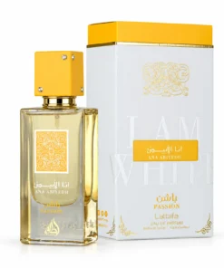 Lattafa Ana Abiyedh Passion 60 ml, flacon cu capac galben și cutie albă cu detalii galbene