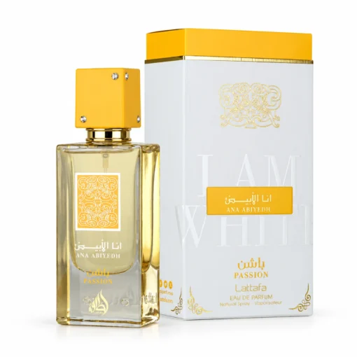 Lattafa Ana Abiyedh Passion 60 ml, flacon cu capac galben și cutie albă cu detalii galbene
