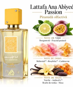 Lattafa Ana Abiyedh Passion 60 ml și piramida olfactivă cu bergamotă, fructul pasiunii, vanilie și tonka