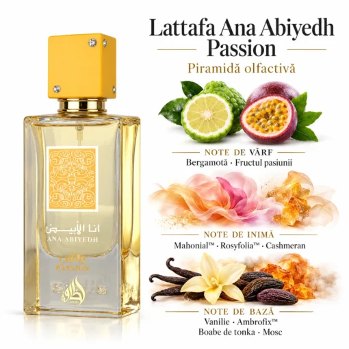 Lattafa Ana Abiyedh Passion 60 ml și piramida olfactivă cu bergamotă, fructul pasiunii, vanilie și tonka