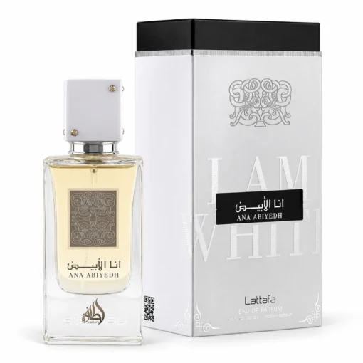 Lattafa Ana Abiyedh White 60 ml, flacon cu capac alb și cutie albă și argintie