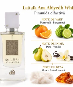 Lattafa Ana Abiyedh White 60 ml și piramida olfactivă cu citrice, pară, vanilie, mosc și ambră uscată