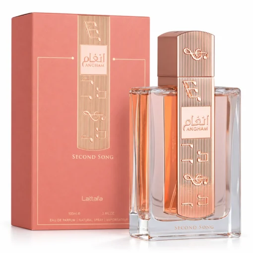 Lattafa Angham Second Song 100 ml, flacon cu capac în formă de note muzicale și cutie roz