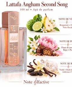 Lattafa Angham Second Song 100 ml și piramida olfactivă cu bergamotă, pară, bujor, pralină și vanilie