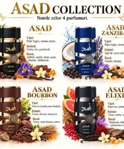 Lattafa Asad Collection cu note olfactive prezentate separat pentru Asad, Zanzibar, Bourbon și Elixir