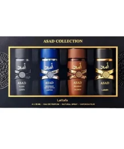 Lattafa Asad Collection Set Cadou 4 × 25 ml, prezentat cu ambalajul original pe fundal alb