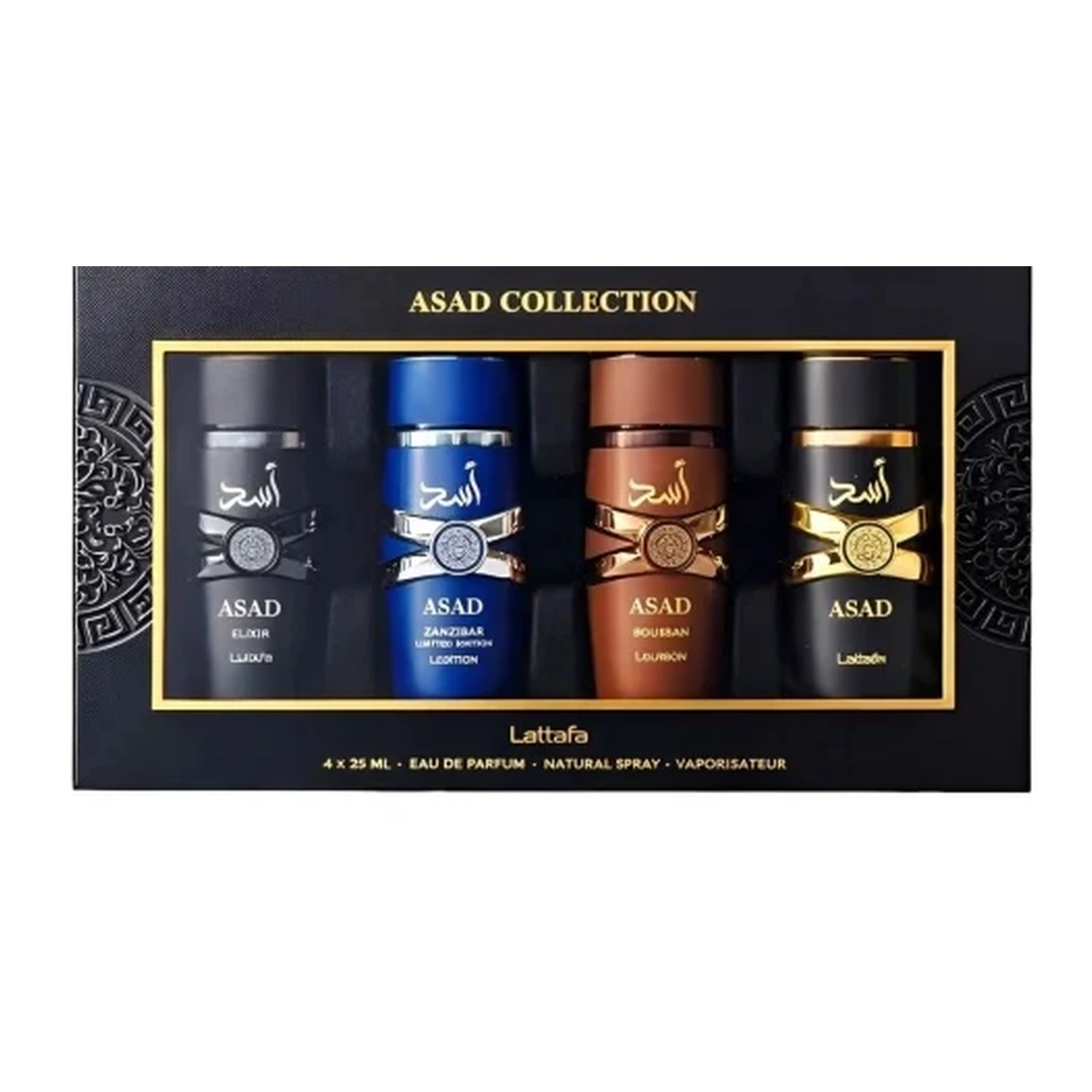 Lattafa Asad Collection Set Cadou 4 × 25 ml, prezentat cu ambalajul original pe fundal alb