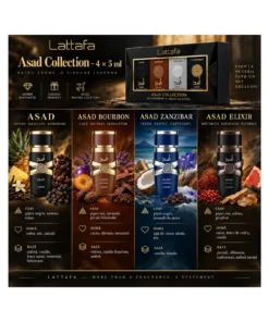 Lattafa Asad Collection Set Cadou Bărbați 4 × 5 ml – set și prezentarea notelor olfactive ale parfumurilor