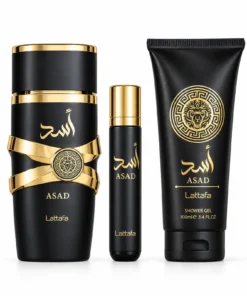Set Lattafa Asad cu apă de parfum 100 ml, miniatură 12 ml și gel de duș 100 ml