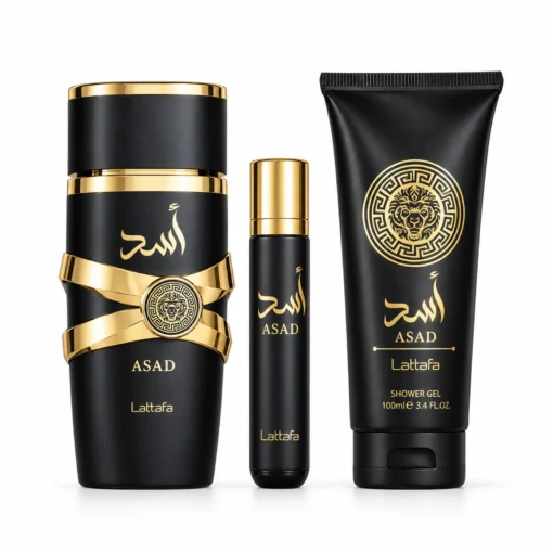 Set Lattafa Asad cu apă de parfum 100 ml, miniatură 12 ml și gel de duș 100 ml