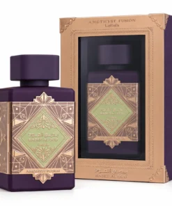 Lattafa Badee Al Oud Amethyst Fusion 100 ml, flacon mov și cutie cu fereastră și ramă aurie roz