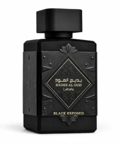 Flacon negru Lattafa Badee Al Oud Black Exposed 100 ml pe fundal alb