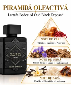 Lattafa Badee Al Oud Black Exposed cu piramida notelor de vârf, inimă și bază