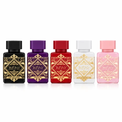 Cele cinci miniaturi Lattafa Badee Al Oud: Oud for Glory, Amethyst, Sublime, Honor & Glory și Noble Blush