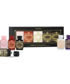 Lattafa Badee Al Oud Collection Set Cadou 5 × 5 ml, prezentat cu ambalajul original pe fundal alb
