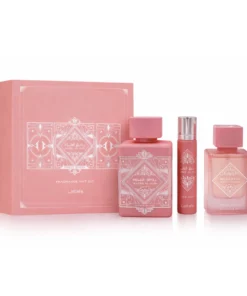 Set cadou Lattafa Badee Al Oud Noble Blush: parfum 100 ml, mini parfum 12 ml și Hair Mist 50 ml, cu ambalajul original
