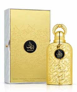 Lattafa Bayaan 100 ml, flacon auriu cu ornamente în relief și cutie aurie