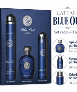 Set Lattafa Blue Oud cu apă de parfum 100 ml, spray parfumat 200 ml și odorizant de cameră 300 ml