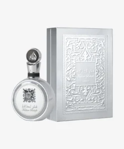 Lattafa Fakhar Platin 100 ml, flacon rotund argintiu și cutia originală argintie