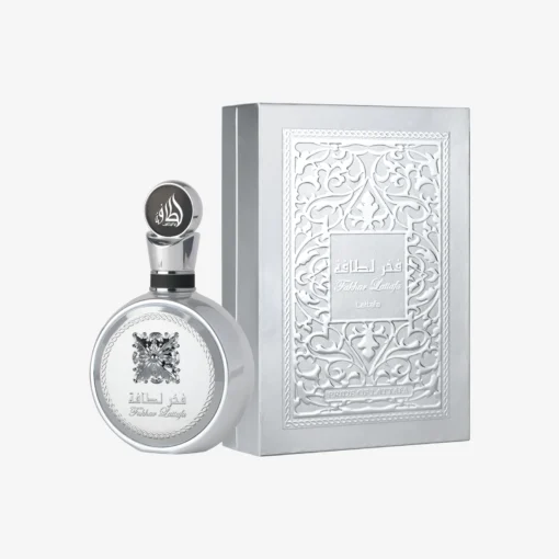 Lattafa Fakhar Platin 100 ml, flacon rotund argintiu și cutia originală argintie