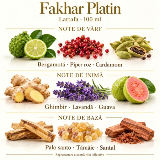 Note olfactive Fakhar Platin: bergamotă, piper roz, cardamom, ghimbir, lavandă, guava, palo santo, tămâie și santal