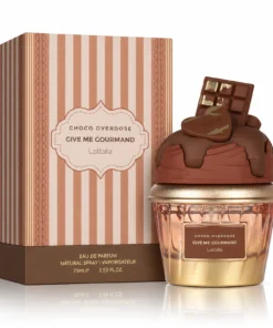 Lattafa Give Me Gourmand Choco Overdose Apă de Parfum Unisex 75 ml – flacon și cutie pe fundal alb