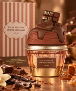 Lattafa Give Me Gourmand Choco Overdose Apă de Parfum Unisex 75 ml – flacon și cutie în decor
