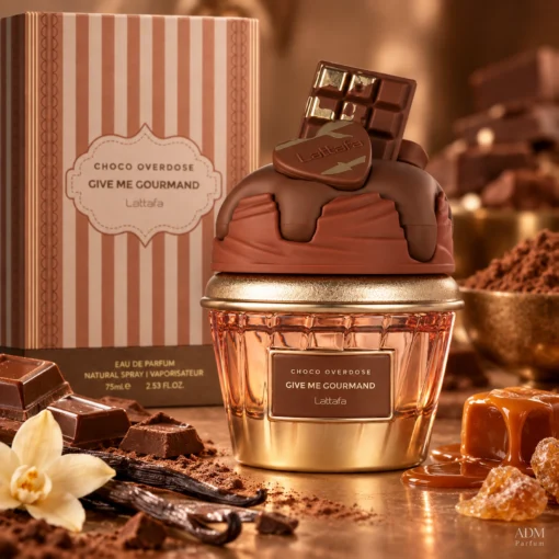 Lattafa Give Me Gourmand Choco Overdose Apă de Parfum Unisex 75 ml – flacon și cutie în decor