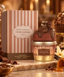 Lattafa Give Me Gourmand Choco Overdose Apă de Parfum Unisex 75 ml – flacon și cutie în decor
