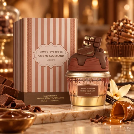 Lattafa Give Me Gourmand Choco Overdose Apă de Parfum Unisex 75 ml – flacon și cutie în decor