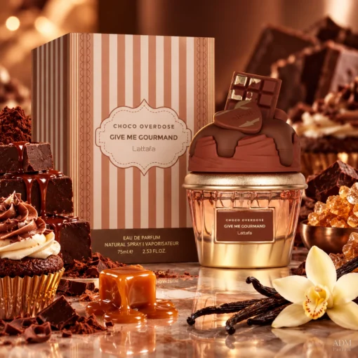 Lattafa Give Me Gourmand Choco Overdose Apă de Parfum Unisex 75 ml – flacon și cutie în decor